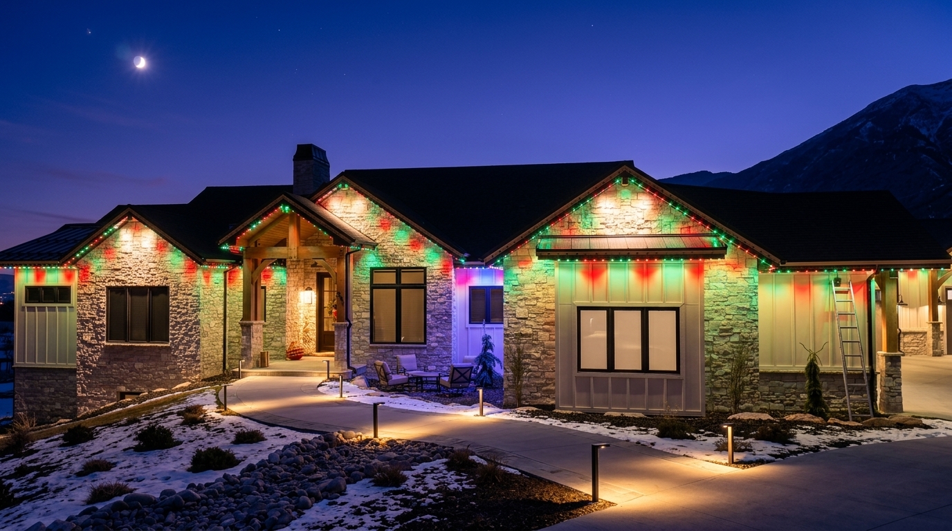 Modern mountain home outlined with permanent LED lighting at twilight