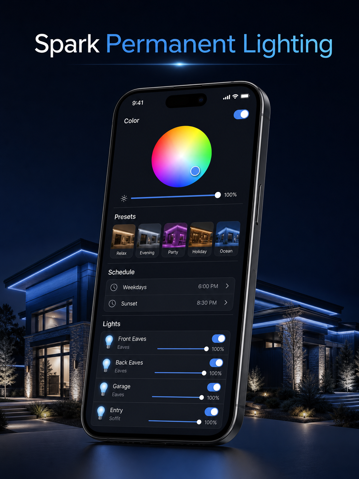 Spark Permanent Lighting App showing color wheel control, presets, scheduling, and individual bulb control